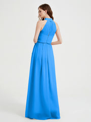 High Neck Chiffon Dresses with Slit and Sash Bow-Ocean Blue