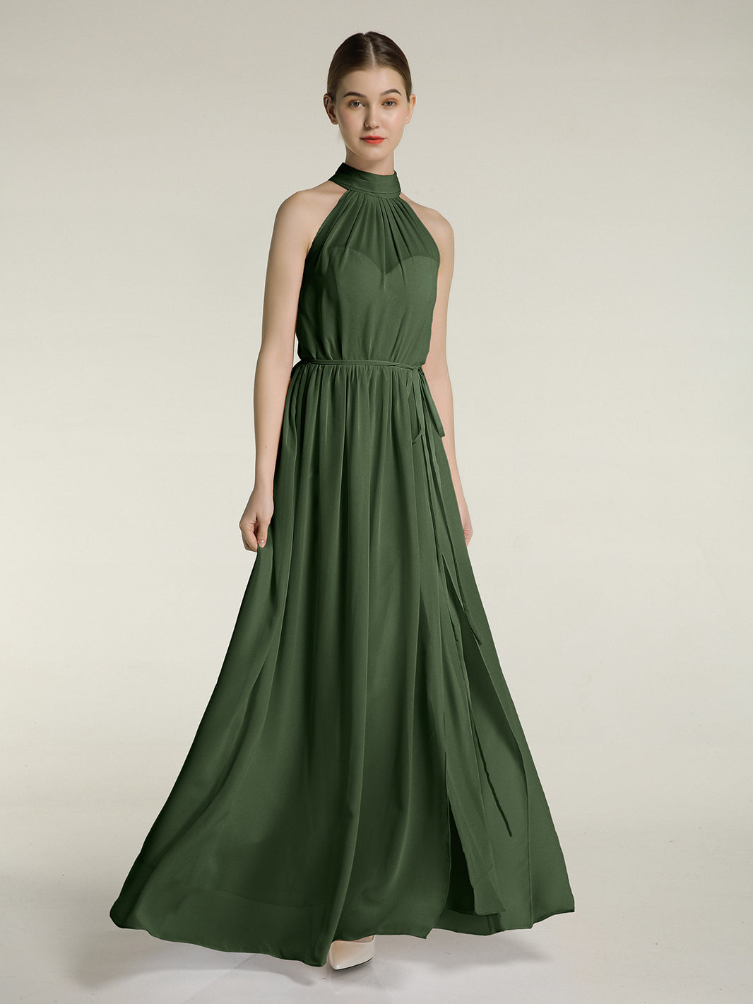 BABARONI Chiffon Olive Green Bridesmaid Dresses High Neck Floor-length  Sleeveless Bow with Slit A-line