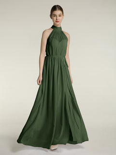 High Neck Chiffon Dresses with Slit and Sash Bow-Olive Green