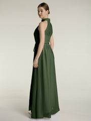 High Neck Chiffon Dresses with Slit and Sash Bow-Olive Green Plus Size