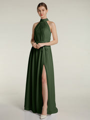 High Neck Chiffon Dresses with Slit and Sash Bow-Olive Green Plus Size