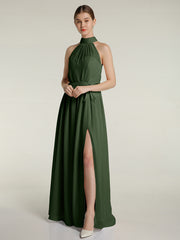 High Neck Chiffon Dresses with Slit and Sash Bow-Olive Green