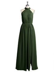 High Neck Chiffon Dresses with Slit and Sash Bow-Olive Green
