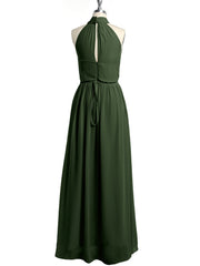 High Neck Chiffon Dresses with Slit and Sash Bow-Olive Green