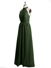 High Neck Chiffon Dresses with Slit and Sash Bow-Olive Green