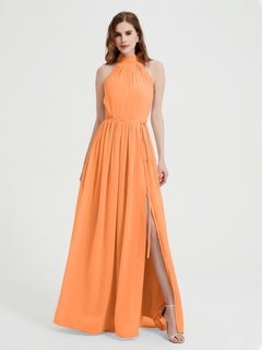 High Neck Chiffon Dresses with Slit and Sash Bow-Orange