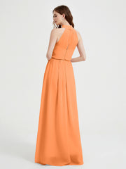 High Neck Chiffon Dresses with Slit and Sash Bow-Orange