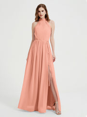 High Neck Chiffon Dresses with Slit and Sash Bow-Papaya