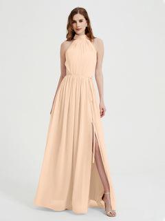 High Neck Chiffon Dresses with Slit and Sash Bow-Peach Plus Size