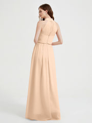 High Neck Chiffon Dresses with Slit and Sash Bow-Peach