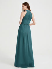 High Neck Chiffon Dresses with Slit and Sash Bow-Peacock