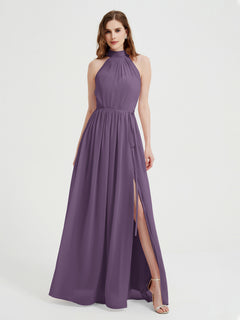 High Neck Chiffon Dresses with Slit and Sash Bow-Plum Plus Size