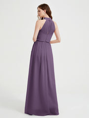 High Neck Chiffon Dresses with Slit and Sash Bow-Plum