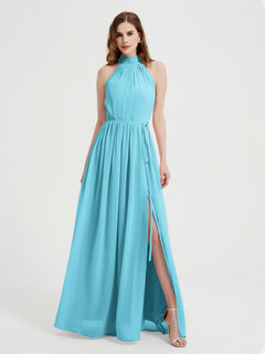 High Neck Chiffon Dresses with Slit and Sash Bow-Pool Plus Size