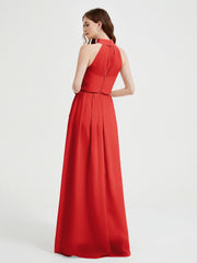High Neck Chiffon Dresses with Slit and Sash Bow-Red