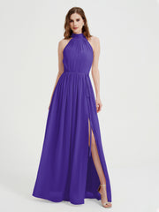 High Neck Chiffon Dresses with Slit and Sash Bow-Regency
