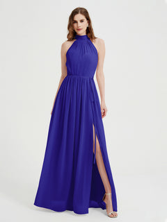 High Neck Chiffon Dresses with Slit and Sash Bow-Royal Blue