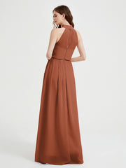 High Neck Chiffon Dresses with Slit and Sash Bow-Rust