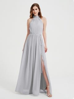 High Neck Chiffon Dresses with Slit and Sash Bow-Silver Plus Size