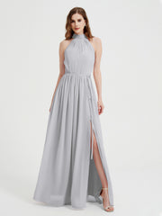 High Neck Chiffon Dresses with Slit and Sash Bow-Silver