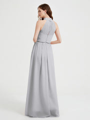 High Neck Chiffon Dresses with Slit and Sash Bow-Silver