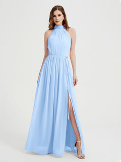 High Neck Chiffon Dresses with Slit and Sash Bow-Sky Blue