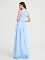 High Neck Chiffon Dresses with Slit and Sash Bow-Sky Blue