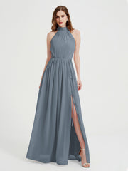High Neck Chiffon Dresses with Slit and Sash Bow-Slate Blue