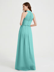 High Neck Chiffon Dresses with Slit and Sash Bow-Spa