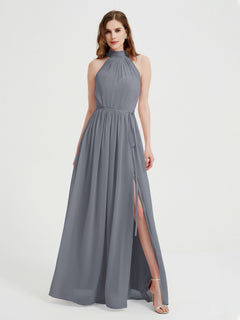 High Neck Chiffon Dresses with Slit and Sash Bow-Steel Grey