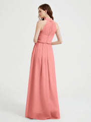High Neck Chiffon Dresses with Slit and Sash Bow-Sunset