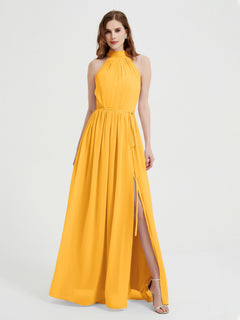 High Neck Chiffon Dresses with Slit and Sash Bow-Tangerine