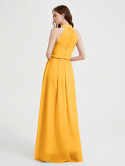 High Neck Chiffon Dresses with Slit and Sash Bow-Tangerine