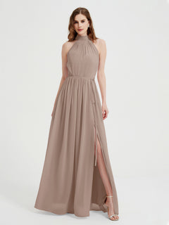 High Neck Chiffon Dresses with Slit and Sash Bow-Taupe