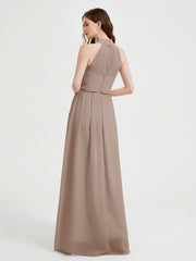 High Neck Chiffon Dresses with Slit and Sash Bow-Taupe