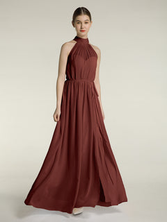 High Neck Chiffon Dresses with Slit and Sash Bow-Terracotta