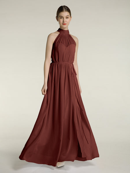 BABARONI High Neck Chiffon Dresses with Slit and Sash Bow-Terracotta Plus Size, Terracotta / US18