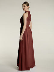 High Neck Chiffon Dresses with Slit and Sash Bow-Terracotta Plus Size