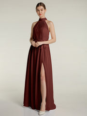 High Neck Chiffon Dresses with Slit and Sash Bow-Terracotta Plus Size