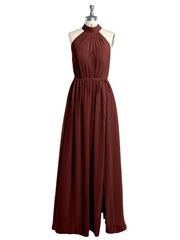 High Neck Chiffon Dresses with Slit and Sash Bow-Terracotta