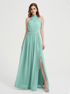 High Neck Chiffon Dresses with Slit and Sash Bow-Turquoise Plus Size