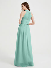 High Neck Chiffon Dresses with Slit and Sash Bow-Turquoise