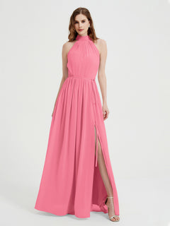 High Neck Chiffon Dresses with Slit and Sash Bow-Watermelon