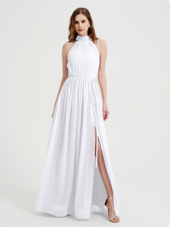 High Neck Chiffon Dresses with Slit and Sash Bow-White Plus Size