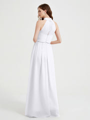 High Neck Chiffon Dresses with Slit and Sash Bow-White