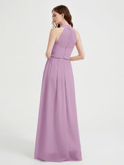 High Neck Chiffon Dresses with Slit and Sash Bow-Wisteria