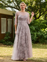 Lace A-line Half Sleeves Pleated Dress Dusk