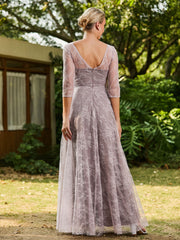 Lace A-line Half Sleeves Pleated Dress Dusk