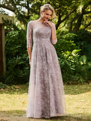 Lace A-line Half Sleeves Pleated Dress Dusk