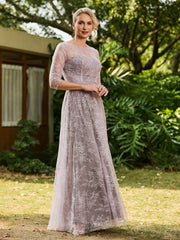 Lace A-line Half Sleeves Pleated Dress Dusk